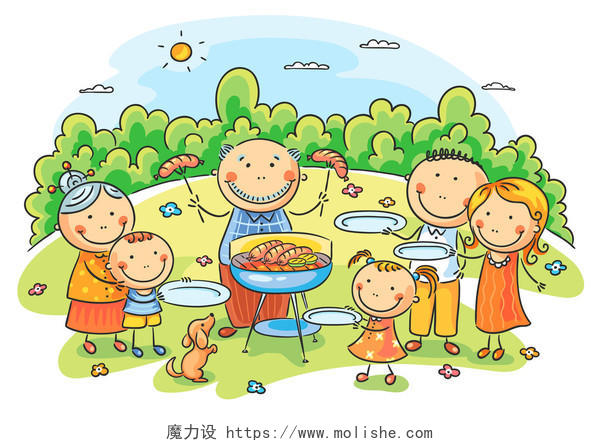 户外野餐的大家庭的插画幸福一家人幸福家庭幸福的人